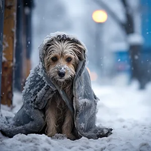 Dog lost in the cold winter