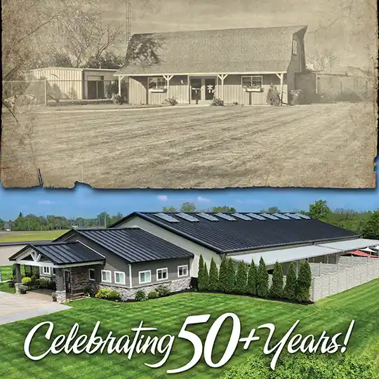Karnik On Black — then and now. Our original 1973 building and our modern facility in Waterville, Ohio. Celebrating 50+ Years.
