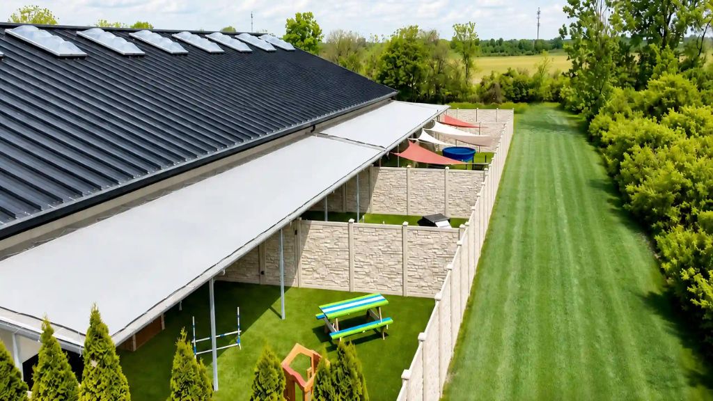 Aerial view of Karnik On Black's outdoor K9 Grass daycare yards with shade sails, play equipment, and privacy fencing
