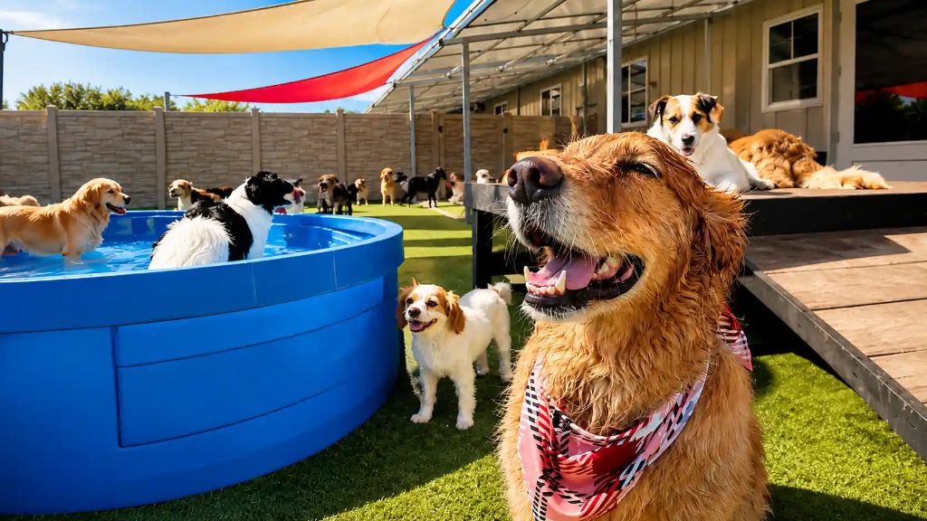 Dogs playing together outdoors, including one cooling off in a splash pool, at Karnik On Black's group daycare in Waterville, Ohio