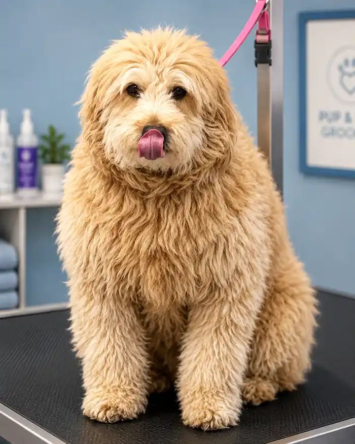 Shaggy, overdue-for-a-groom Golden Retriever-mix on the grooming table at Karnik On Black, before a patient, hands-on grooming session