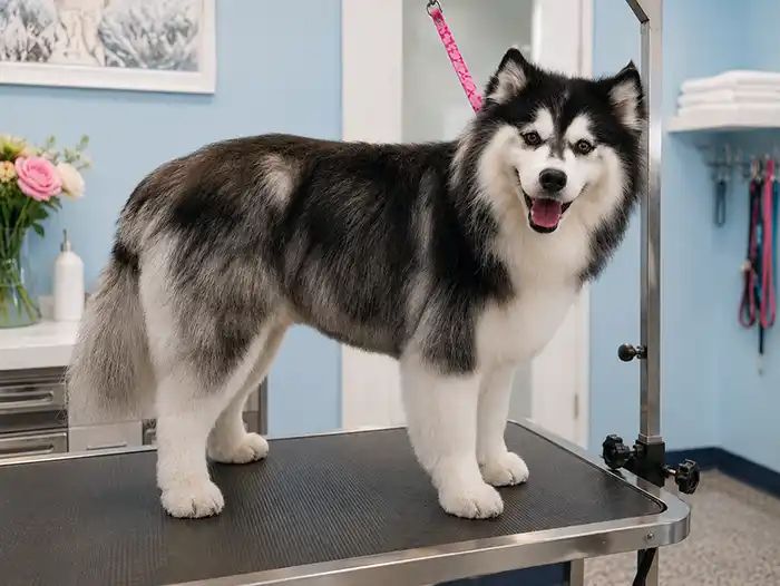 Freshly bathed and blown-out Husky standing on the grooming table at Karnik On Black, part of the Premium Bath package