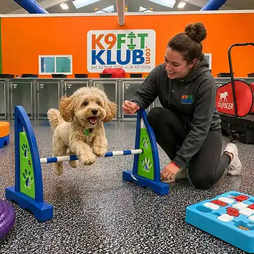 Dog jumping through an agility bar during individual enrichment care at Karnik On Black's K9 Fit Klub program